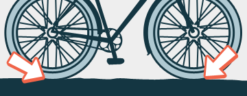 Fahrrad in der Seitenansicht. Zwei Pfeile deuten auf die Kontaktpunkte von Reifen und Boden..